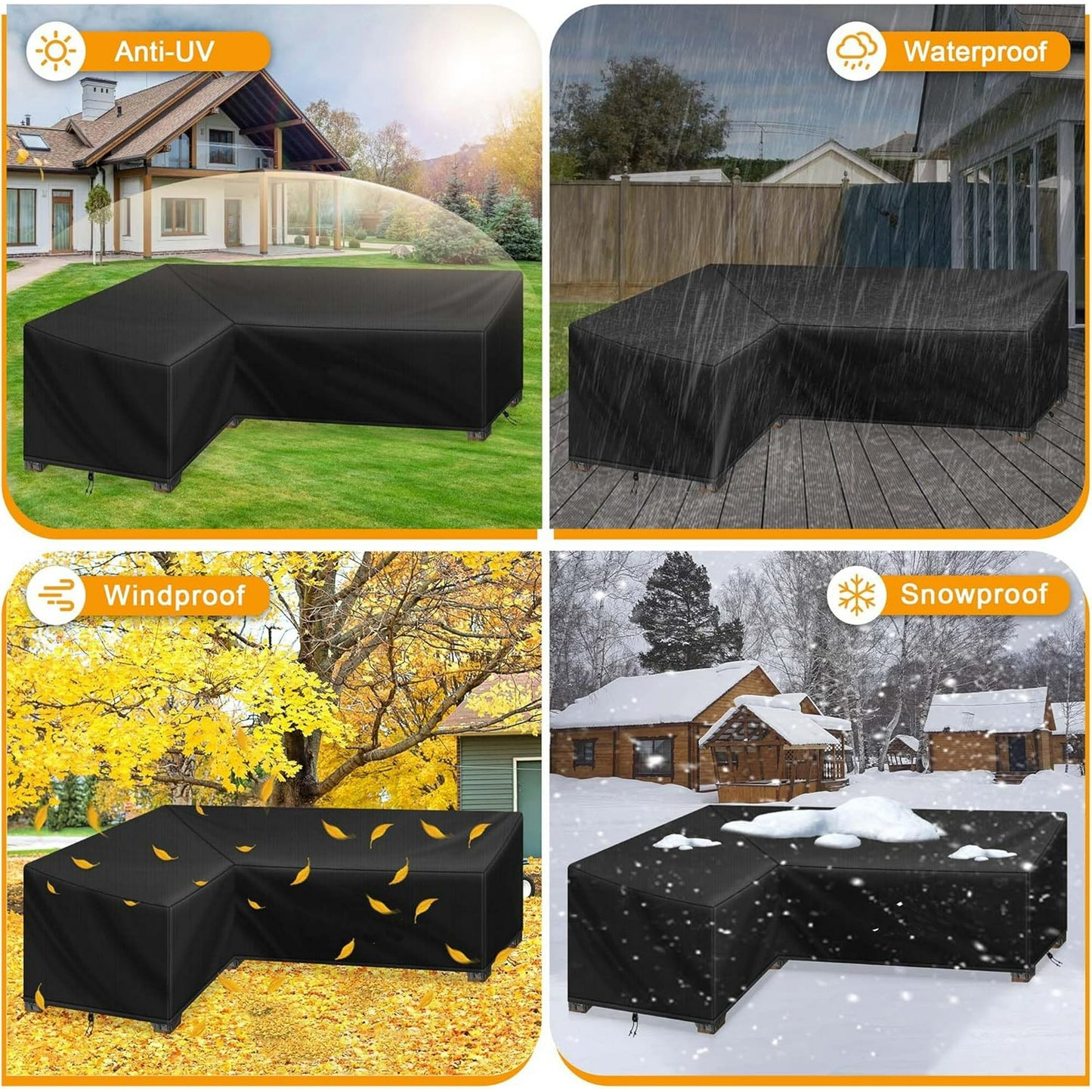 Outdoor Couch Covers for V-Shaped Outdoor Furniture Cover Waterproof Patio Furniture Cover for 5-Seater Outdoor Sectional Cover Weatherproof for Outside L Shape Couch 85" x 85" x 34" x 32"H, Black