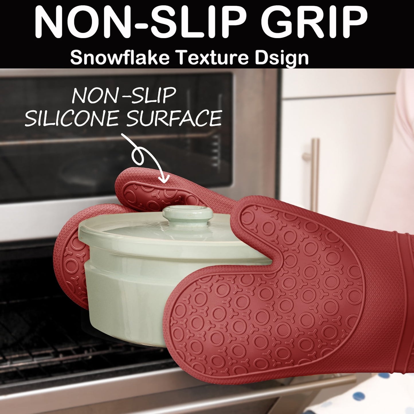 Oven Mitts and Pot Holders Sets,6pcs Pot Holders and Oven Mitts Heat Resistant, Non-Slip Silicone Mini Oven Gloves and Hot Pads for Kitchen,15" Extra Long Oven Gloves for Cooking,Red