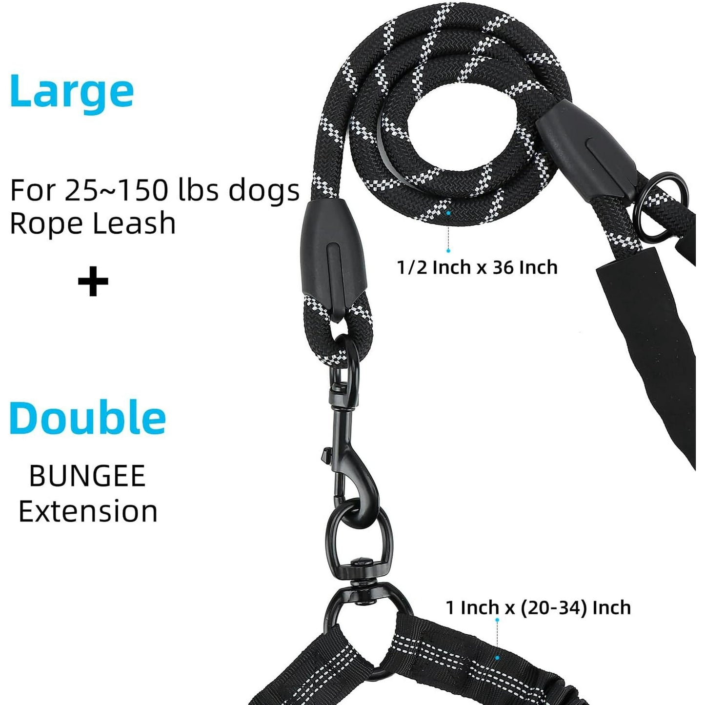 Double Dog Leash with Two Extra Handles, 360 Swivel No Tangle Dual Dog Walking Leash, Comfortable Shock Absorbing Reflective Bungee for Two Dogs (18~120 lbs, Black)