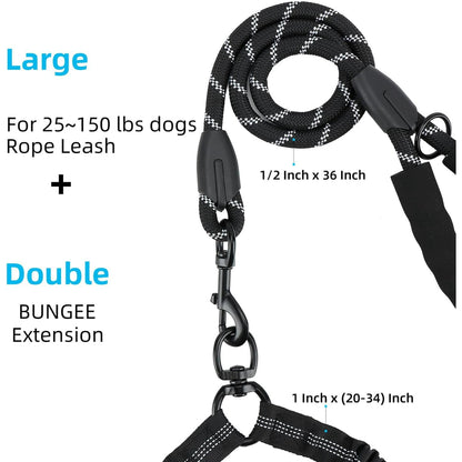 Double Dog Leash with Two Extra Handles, 360 Swivel No Tangle Dual Dog Walking Leash, Comfortable Shock Absorbing Reflective Bungee for Two Dogs (18~120 lbs, Black)