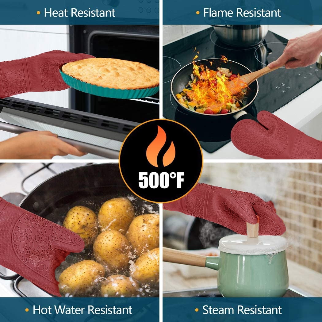 Oven Mitts and Pot Holders Sets,6pcs Pot Holders and Oven Mitts Heat Resistant, Non-Slip Silicone Mini Oven Gloves and Hot Pads for Kitchen,15" Extra Long Oven Gloves for Cooking,Red