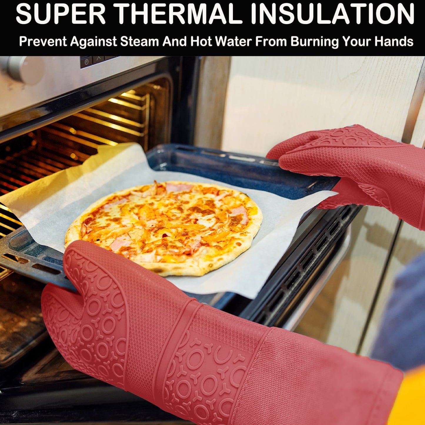 Oven Mitts and Pot Holders Sets,6pcs Pot Holders and Oven Mitts Heat Resistant, Non-Slip Silicone Mini Oven Gloves and Hot Pads for Kitchen,15" Extra Long Oven Gloves for Cooking,Red