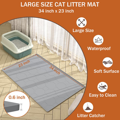 Cat Litter Mat Waterproof ,Large 34"*23" Non-slip Silicone Cat Litter Mat,Cat Litter Box Mat for Litter Trapping,Easy to Store Kitty Litter Mat Gray
