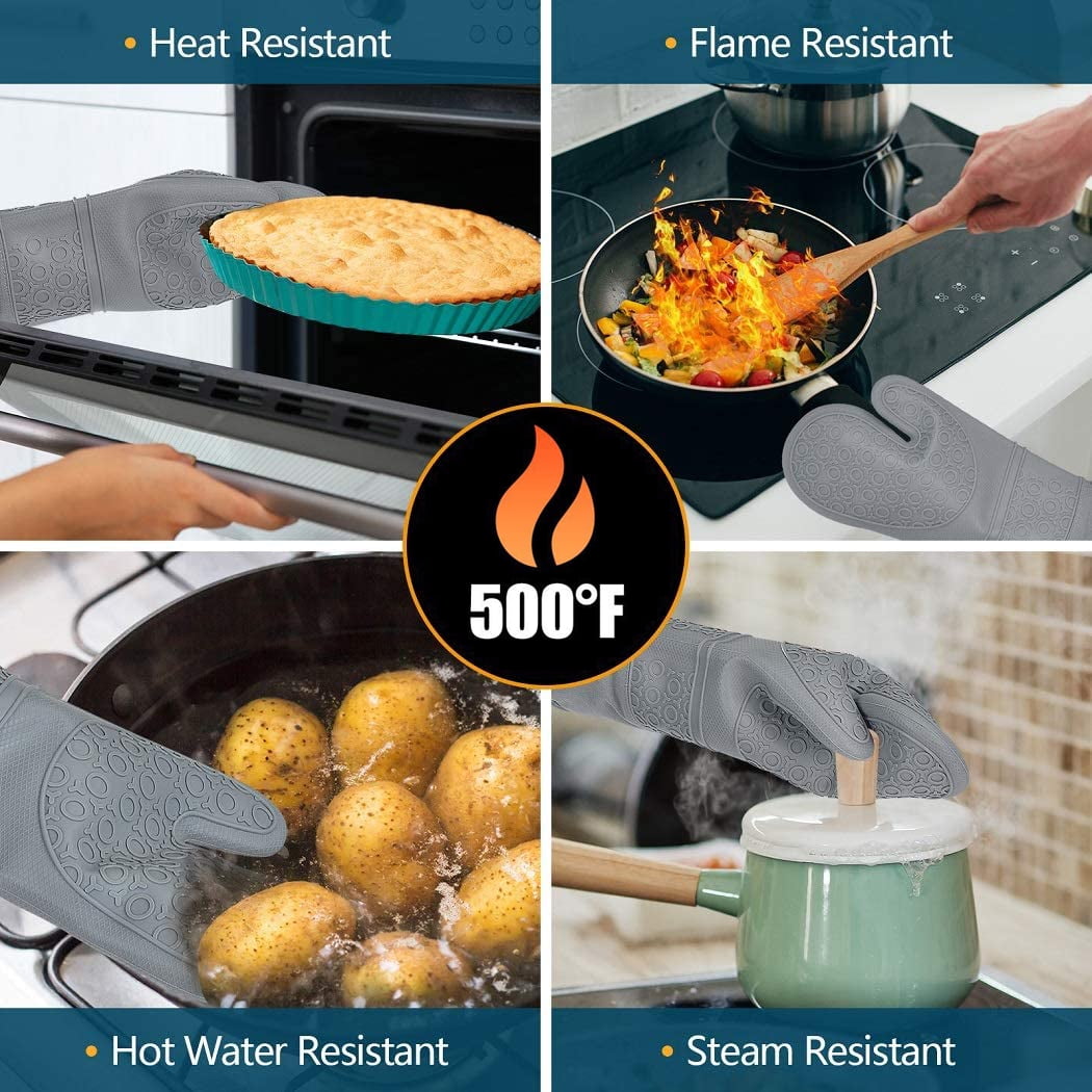 Oven Mitts and Pot Holders Sets,6pcs Pot Holders and Oven Mitts Heat Resistant, Non-Slip Silicone Mini Oven Gloves and Hot Pads for Kitchen,15" Extra Long Oven Gloves for Cooking,Gray