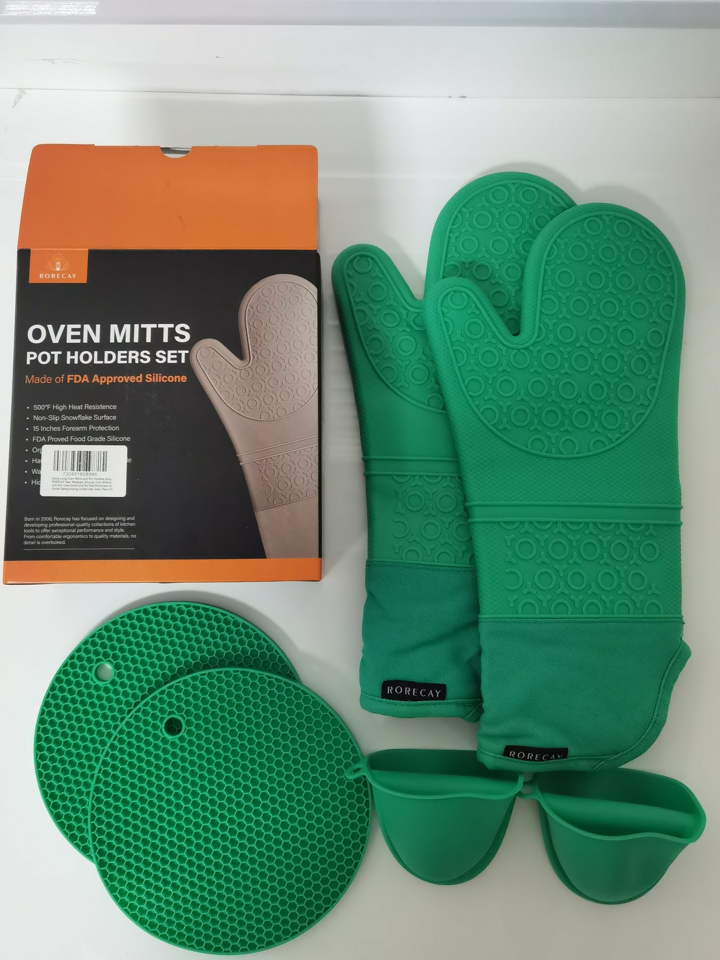 Extra Long Oven Mitts and Pot Holders Sets, RORECAY Heat Resistant Silicone Oven Mittens with Mini Oven Gloves and Hot Pads Potholders for Kitchen Baking Cooking, Quilted Liner, Green, Pack of 6