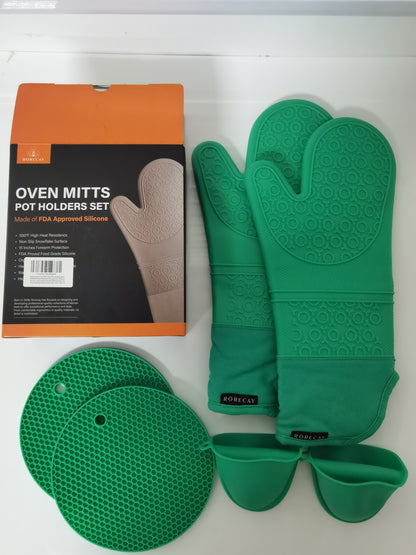 Extra Long Oven Mitts and Pot Holders Sets, RORECAY Heat Resistant Silicone Oven Mittens with Mini Oven Gloves and Hot Pads Potholders for Kitchen Baking Cooking, Quilted Liner, Green, Pack of 6